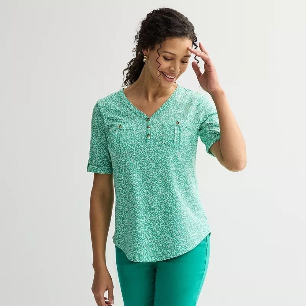 Croft & Barrow Green Printed Blouse  Plus Size 2X